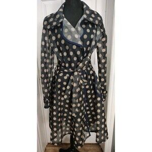 Ups & Downs Women Size XL Navy W/ Cream Polka Dots Mesh Coat Jacket Belted Y2K